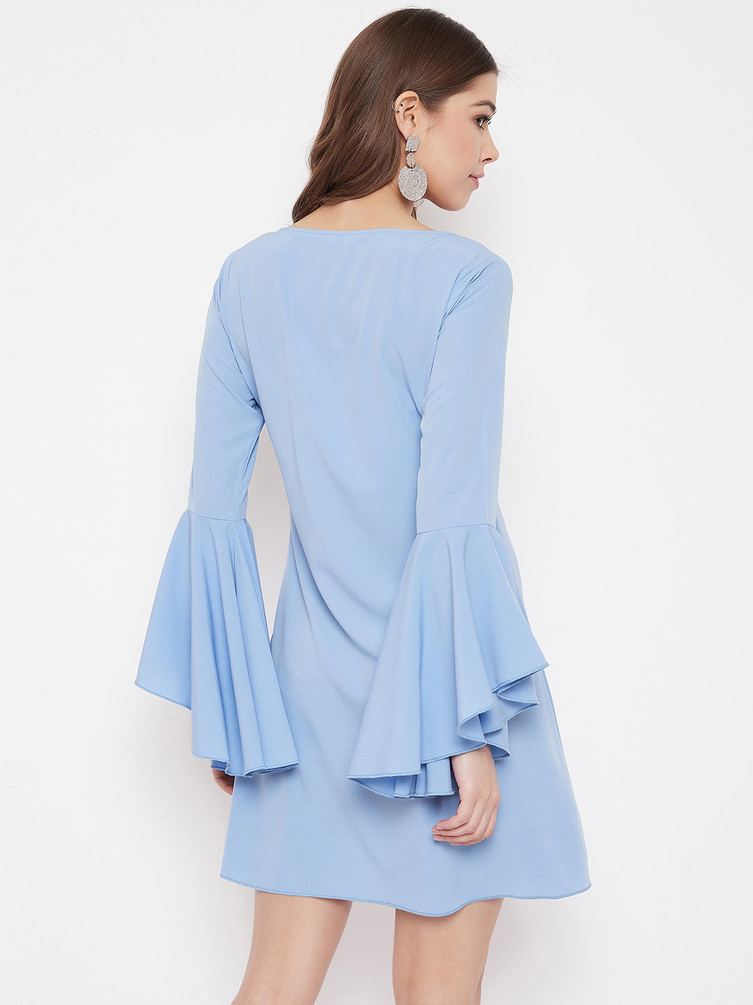 Women Solid Blue Round Neck Bell Sleeve ...